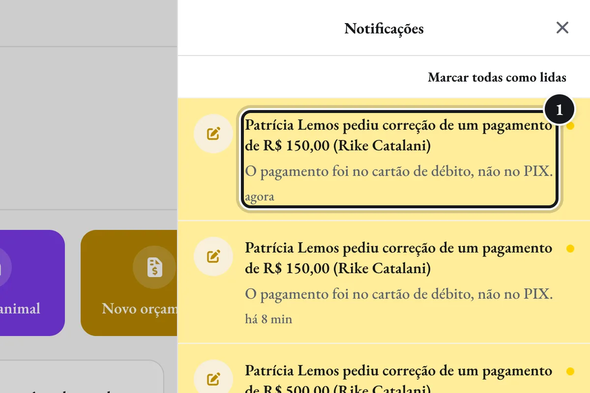 Um pedido de correção chega nas suas Notificações